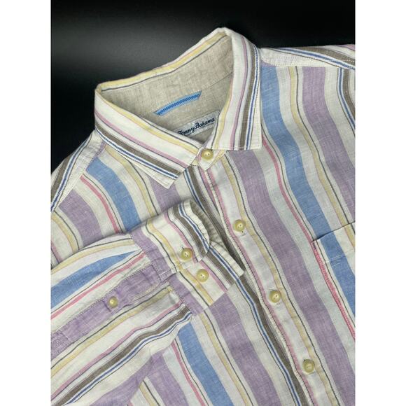 Tommy Bahama Other - Tommy Bahama 100% Linen Button Up Shirt Men’s M Purple/Blue Candy Stripe Lng Slv